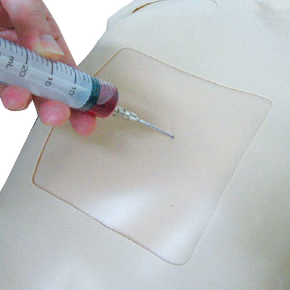 Thorax-Trauma-Simulator, Detail: Spritze mit Kanüle an der Thoraxfläche