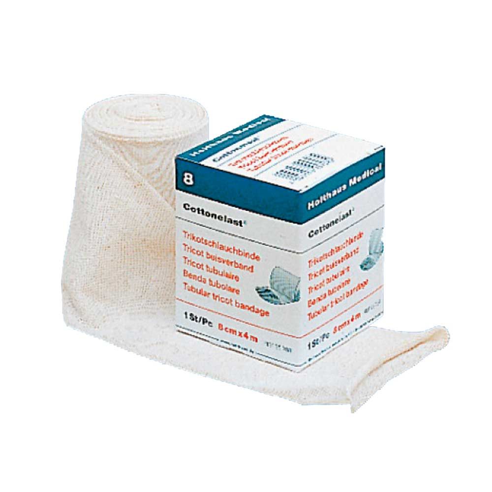 Holthaus Medical Cottonelast® Trikotschlauchbinde: weiße Rollbinde mit Verpackung
