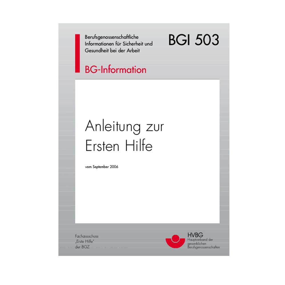 Erste-Hilfe-Broschüre mit Cover „Anleitung zur Ersten Hilfe“ und „BGI 503“