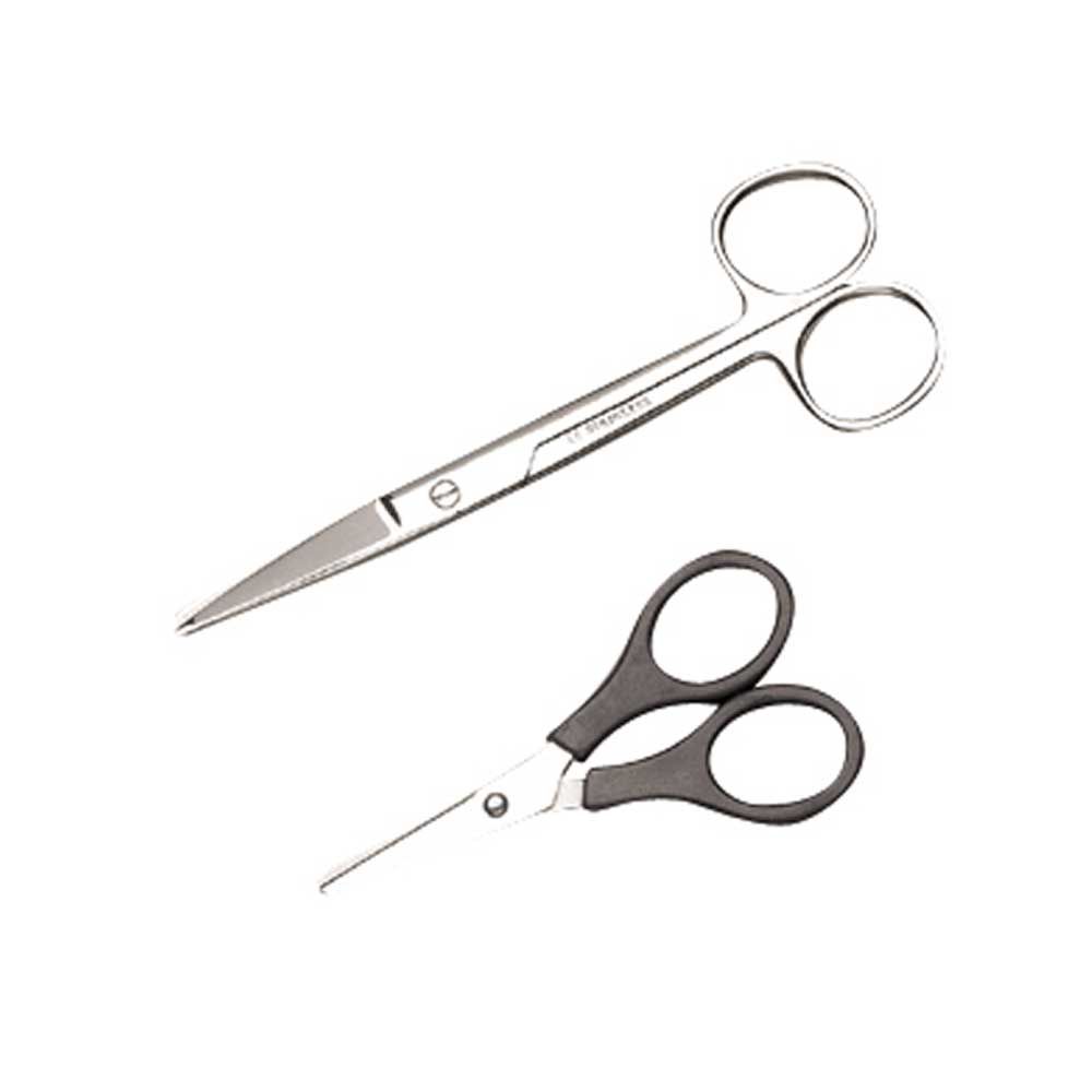 Gerade Verbandscheren-Set: silberne und schwarze Schere mit runden Fingerringen