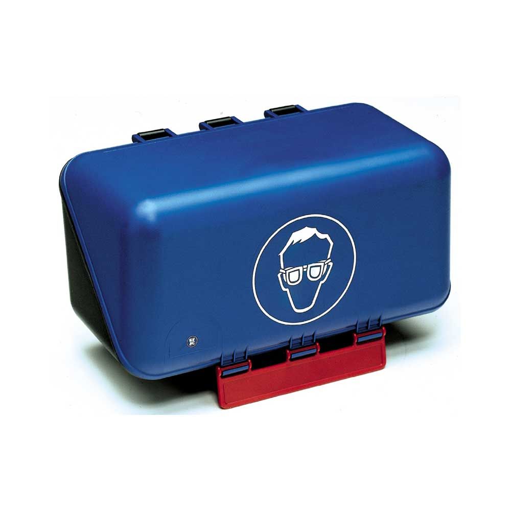 Blaue Brillen-Schutzbox mit Tragegriff und Schutzbrillen-Symbol, mit Klappverschluss