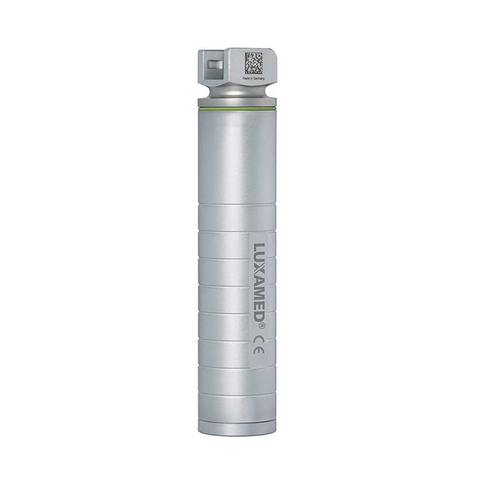 Luxamed F.O. Laryngoskop-Griff, silberner Handgriff mit Beschriftung, Vorderansicht