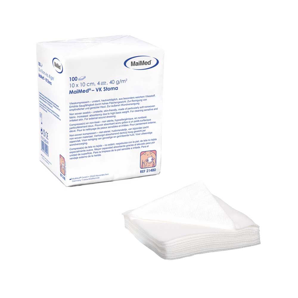 MaiMed Stoma-Vlieskompressen 4-fach, 10×10 cm, weiß; Packung mit Kompressen-Stapel