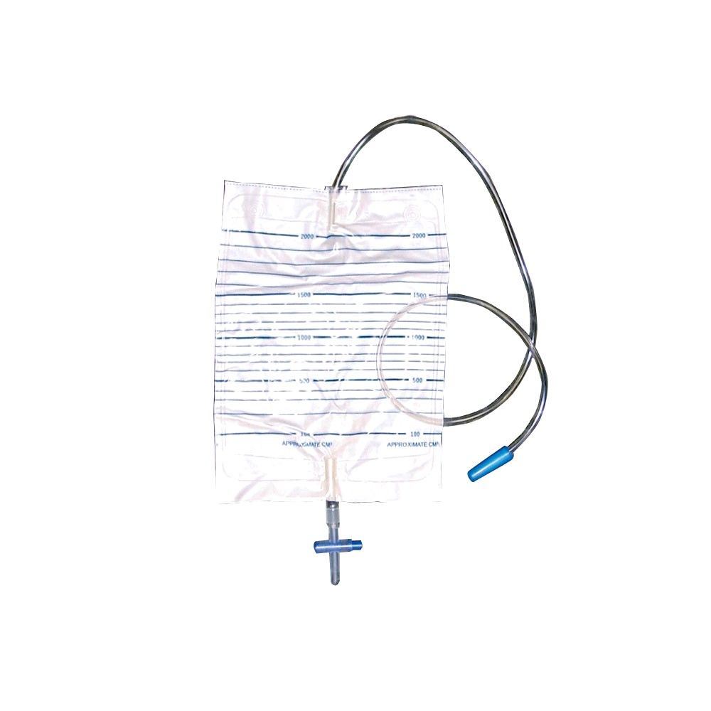 Urinbeutel mit Schlauch und Rücklaufstop, blauem Anschluss, Maßeinteilung