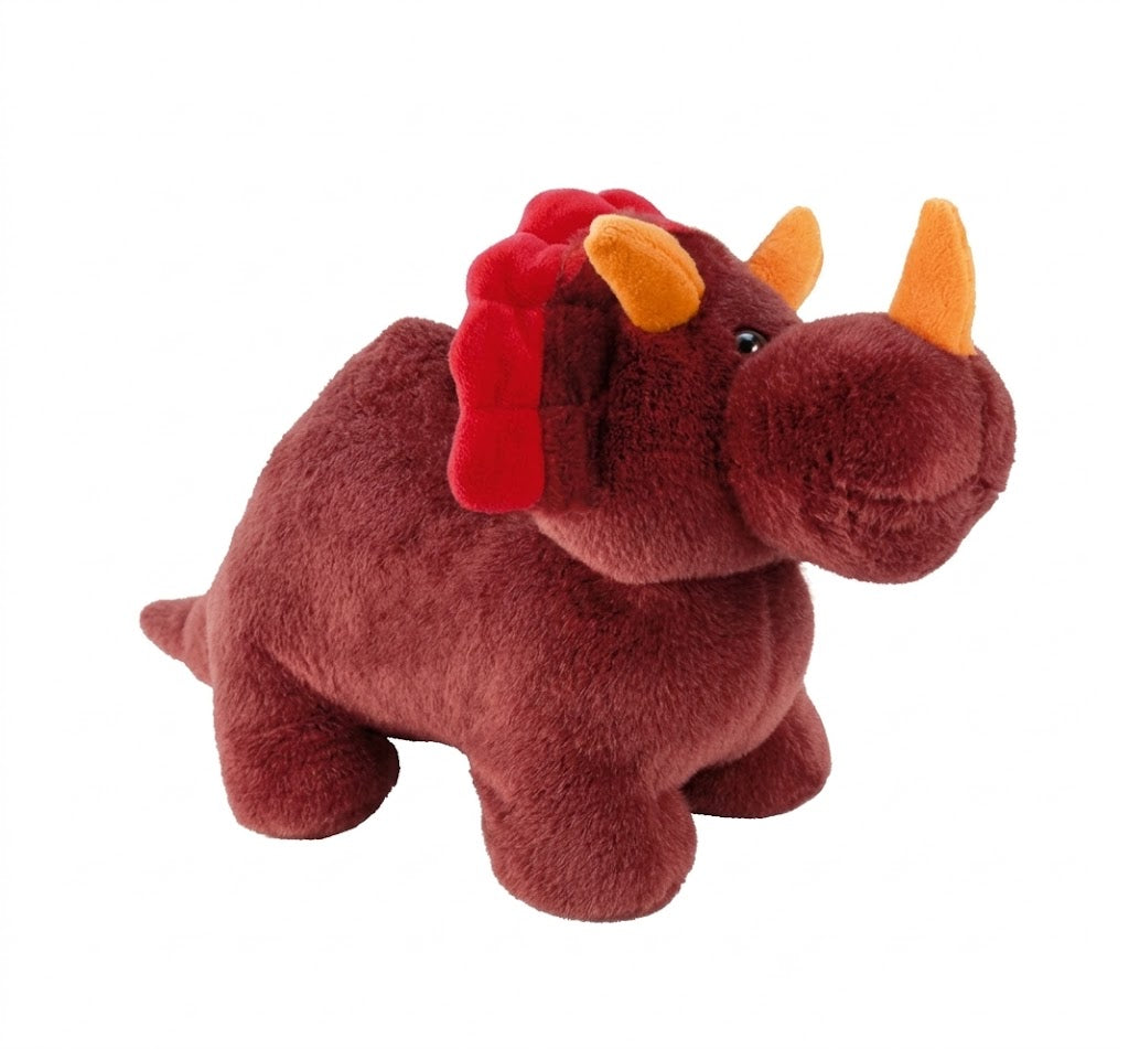 Körnerkissen Dinosaurier, dunkelbraunes Plüschtier mit rotem Rücken-Detail und Hörnern