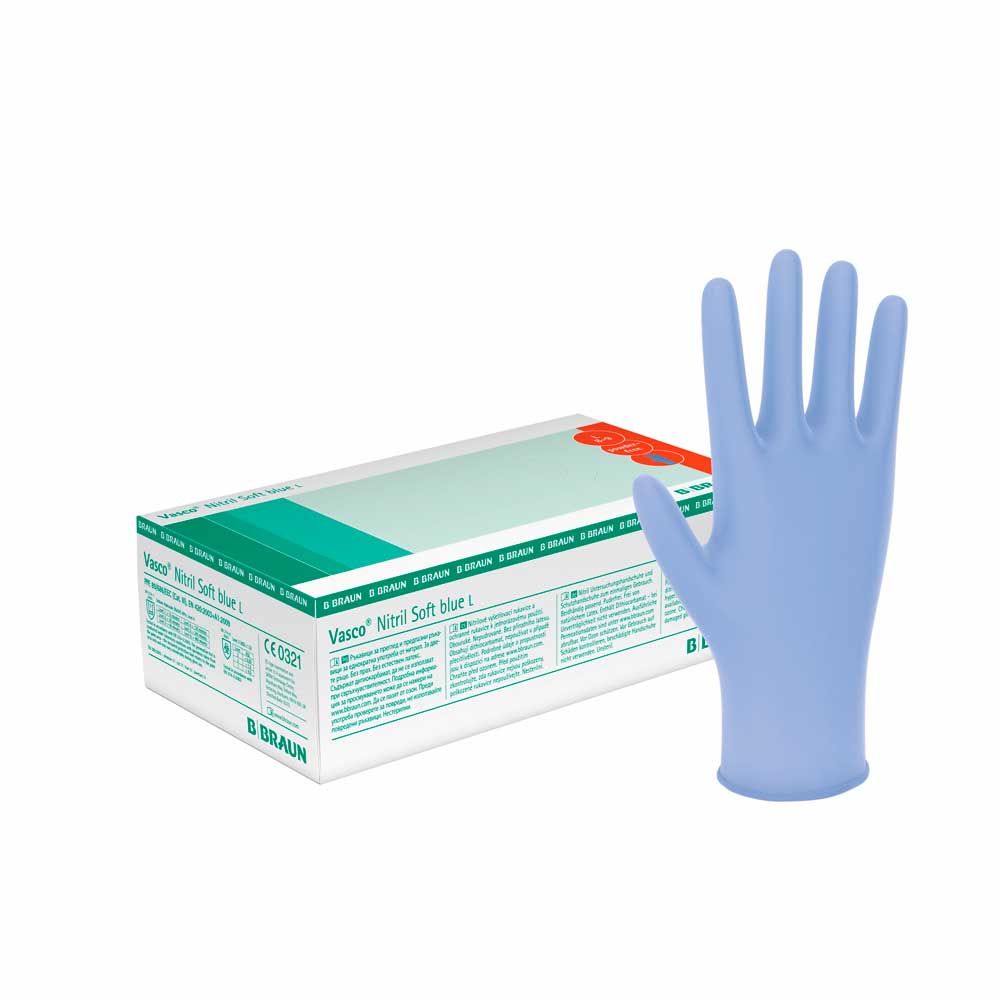 Nitrilhandschuh Vasco® aus Nitril, hellblau, auf Handmodell neben Packung
