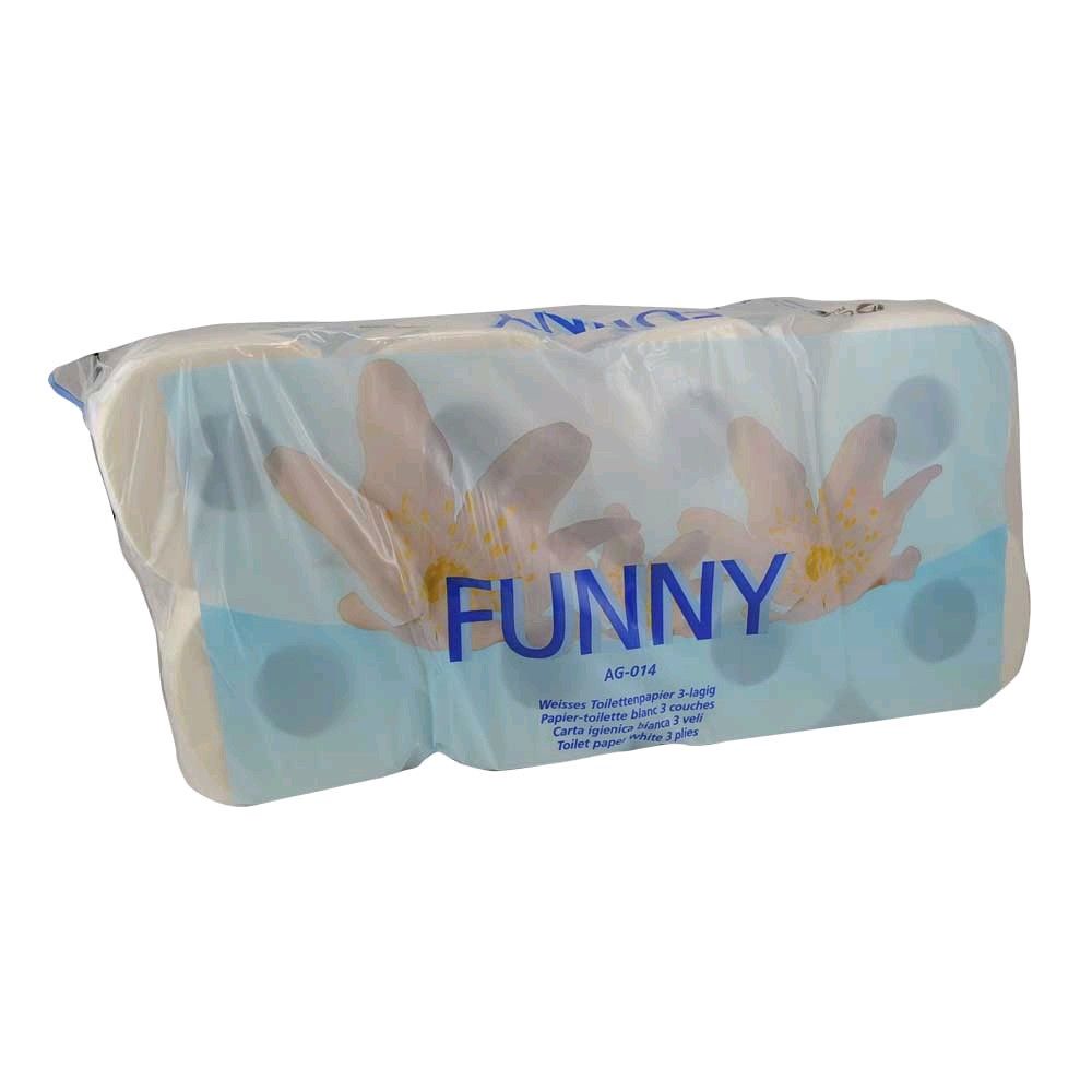 Toilettenpapier-Packung mit Motivprägung, 3-lagig, weiß, blaues „FUNNY“-Label