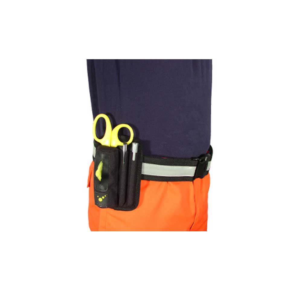Handschuh-Holster am Gürtel mit schwarzen Fächern und gelben Scheren für orange Kleidung