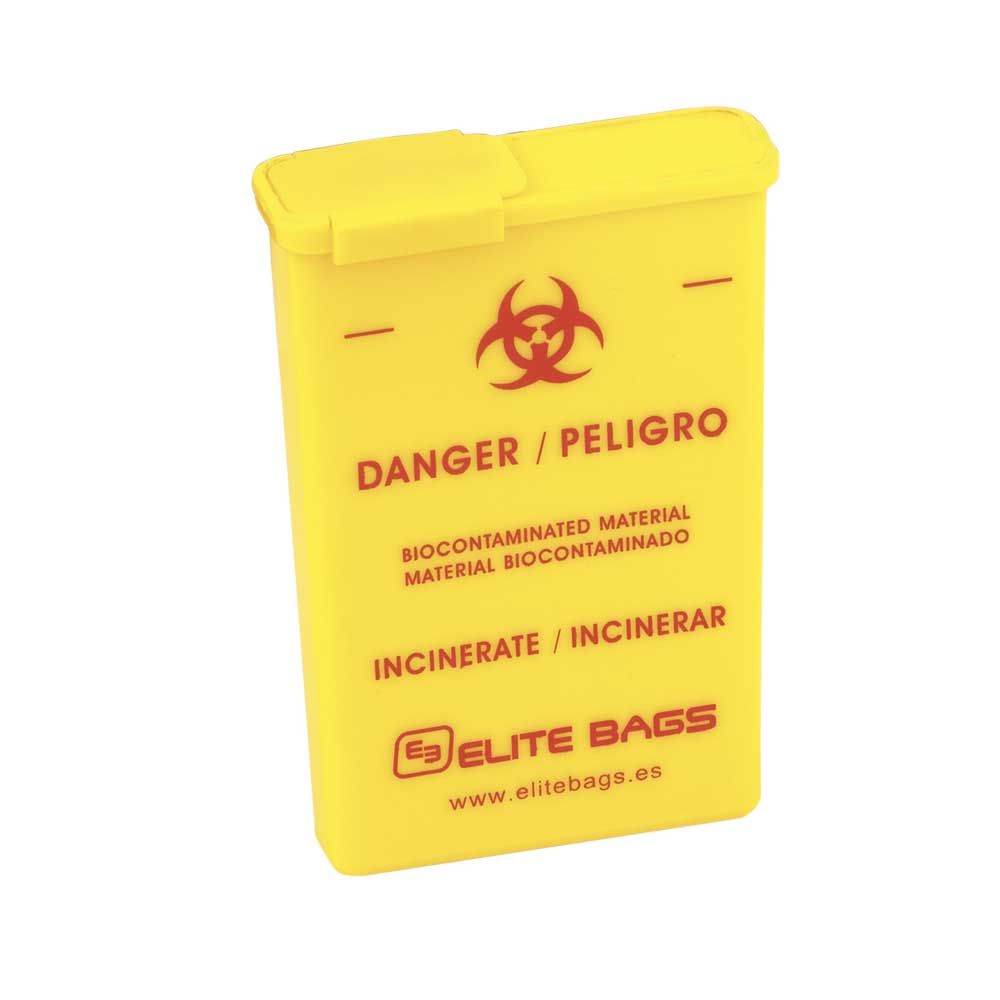 Gelber Abwurfbehälter mit Biohazard-Symbol und Warnhinweisen, Deckel oben, ca. 8,5x12,5x3 cm