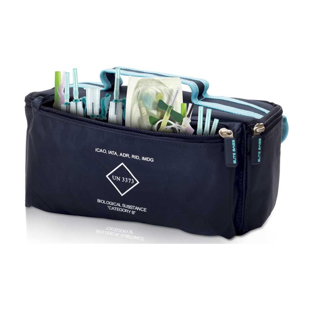 Thermotasche für Laborproben, dunkelblau, mit Beschriftung und Reißverschluss vorn
