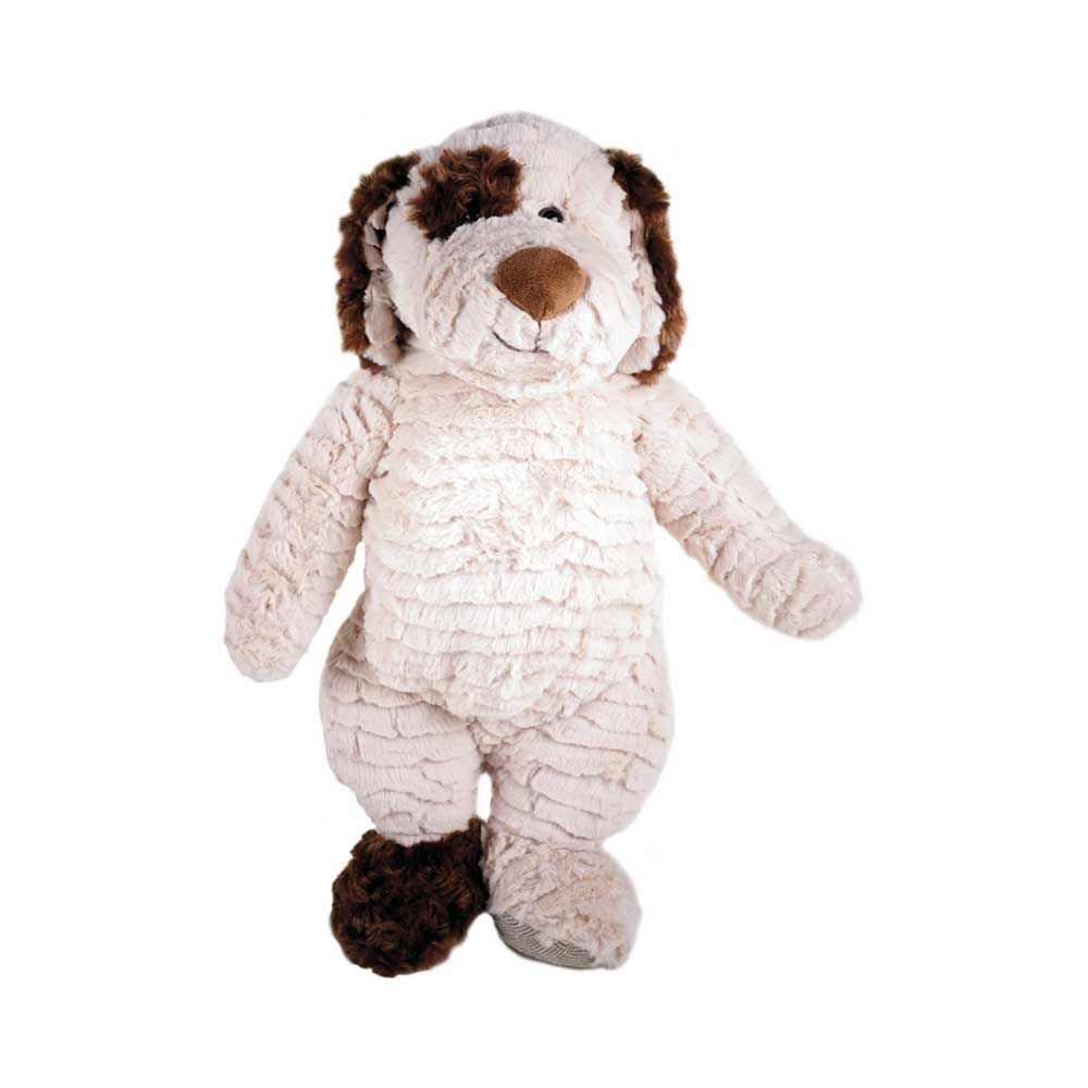Kinder-Wärmflasche mit Hund-Kuscheltier-Bezug, cremefarbener Plüsch, braune Ohren