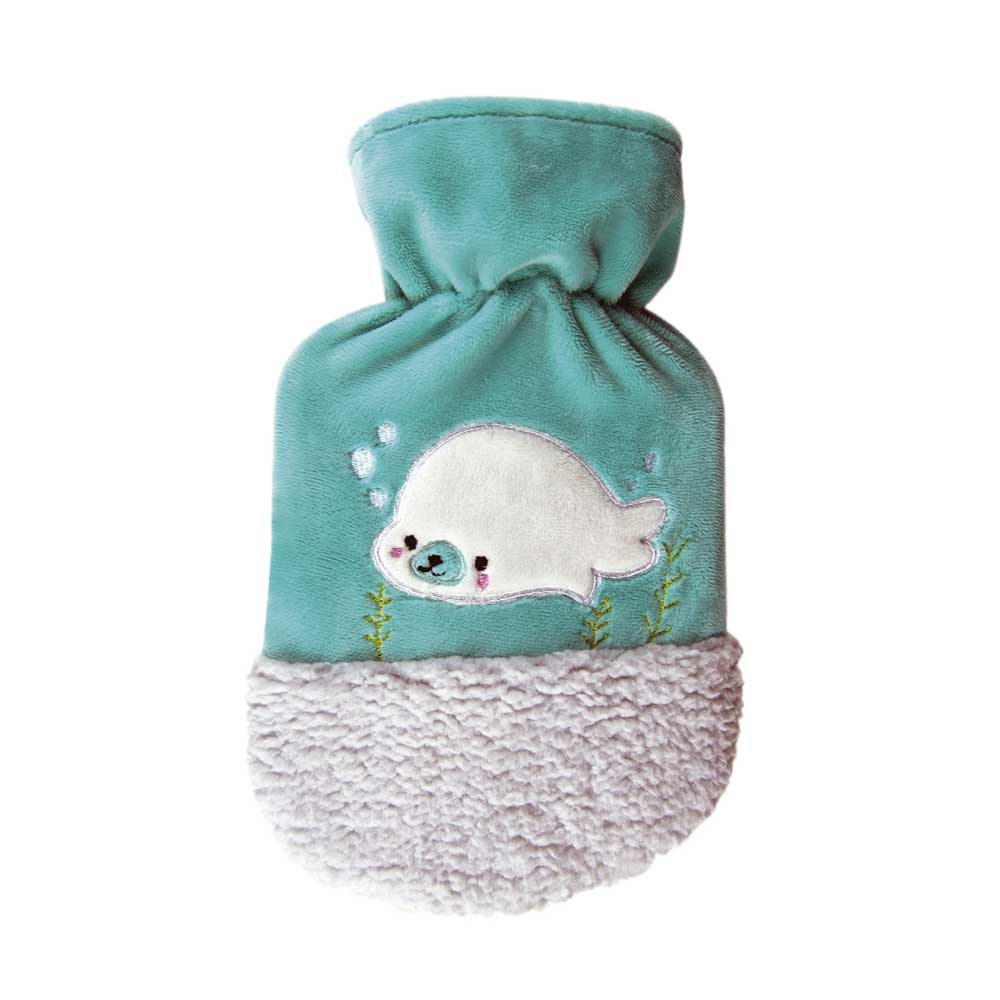Kinder-Wärmflasche mit Veloursbezug Robbe: türkisgrün/weiß, mit Robbenapplikation