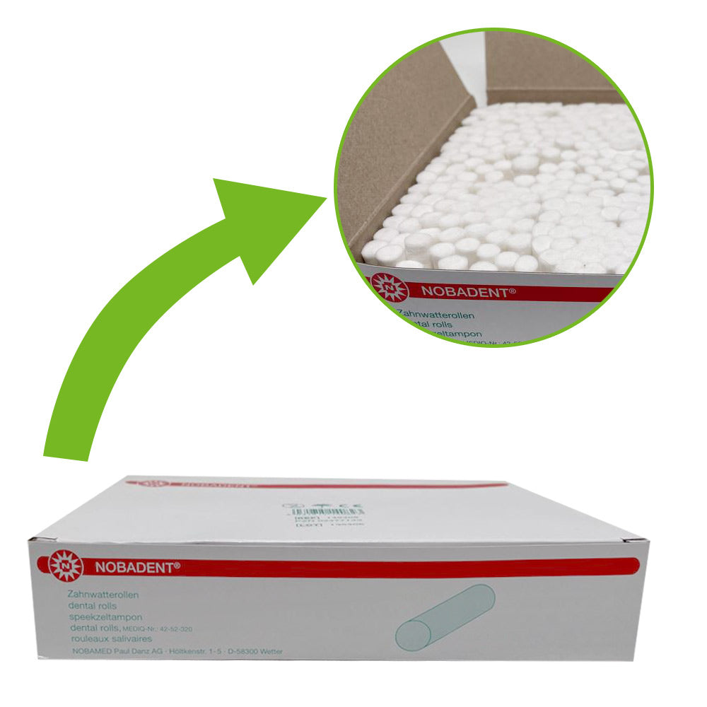 Nobadent® Zahnwatterolle Packung mit Detailausschnitt der weißen Wattekügelchen