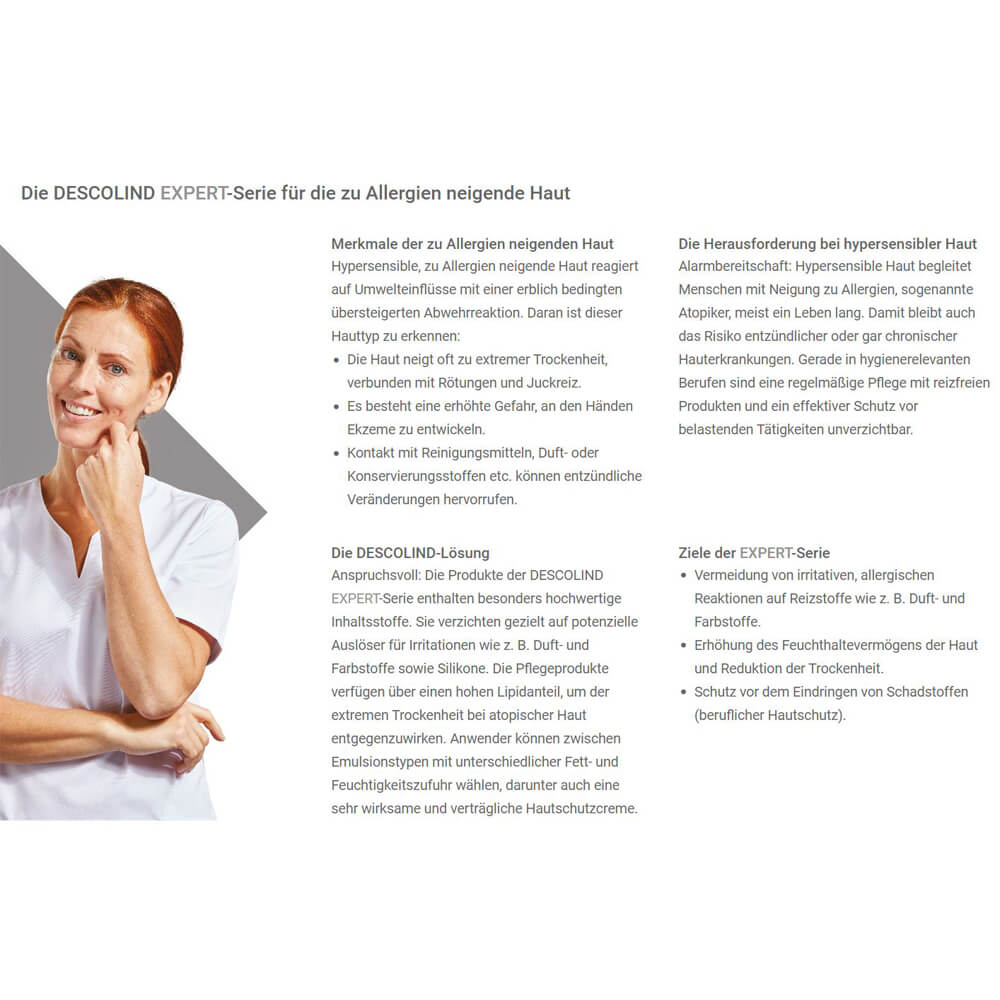 Descolind Expert Serie: Frau mit Hand am Gesicht neben Texttafeln