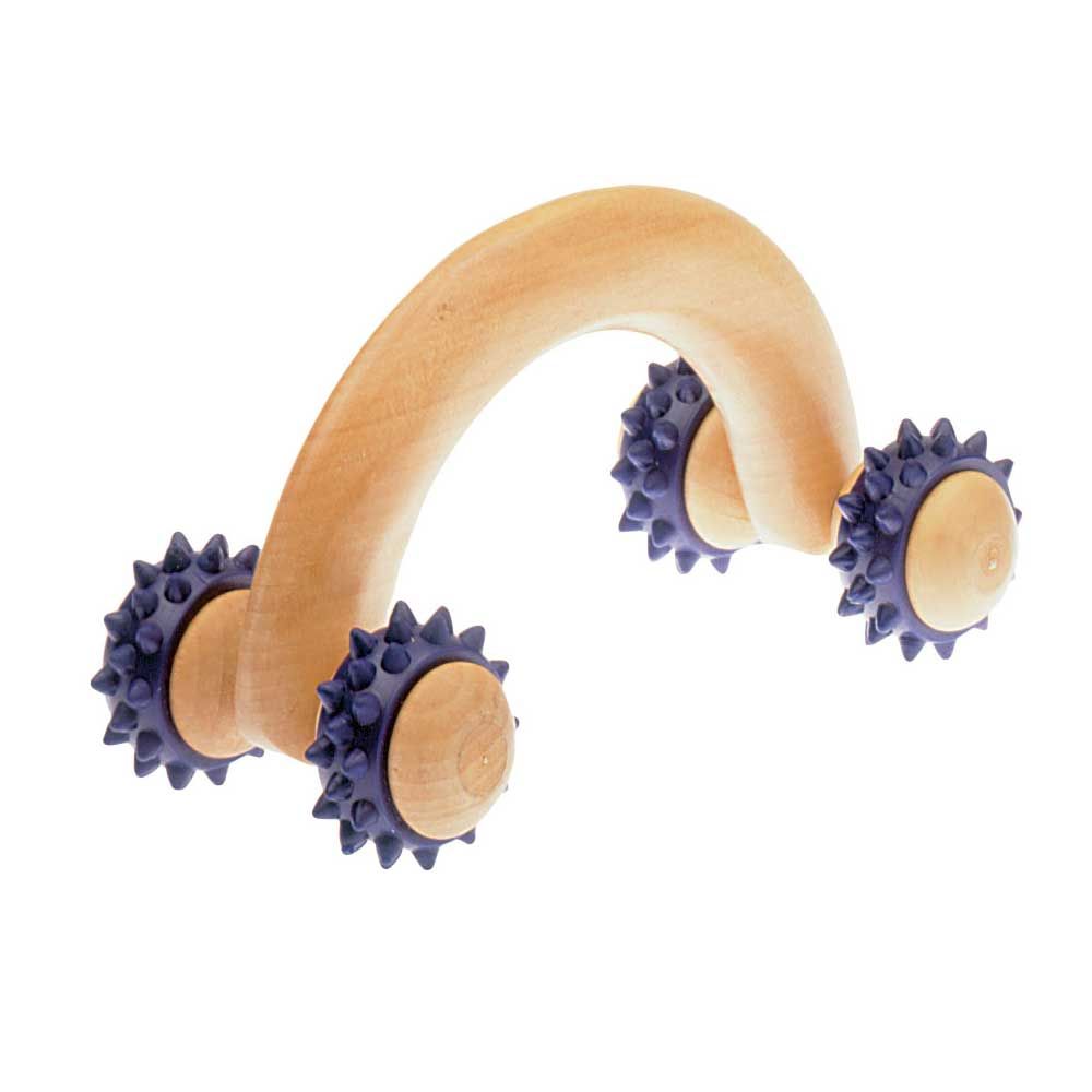 Massage-Roller aus Holz mit vier blauen Noppenrollen