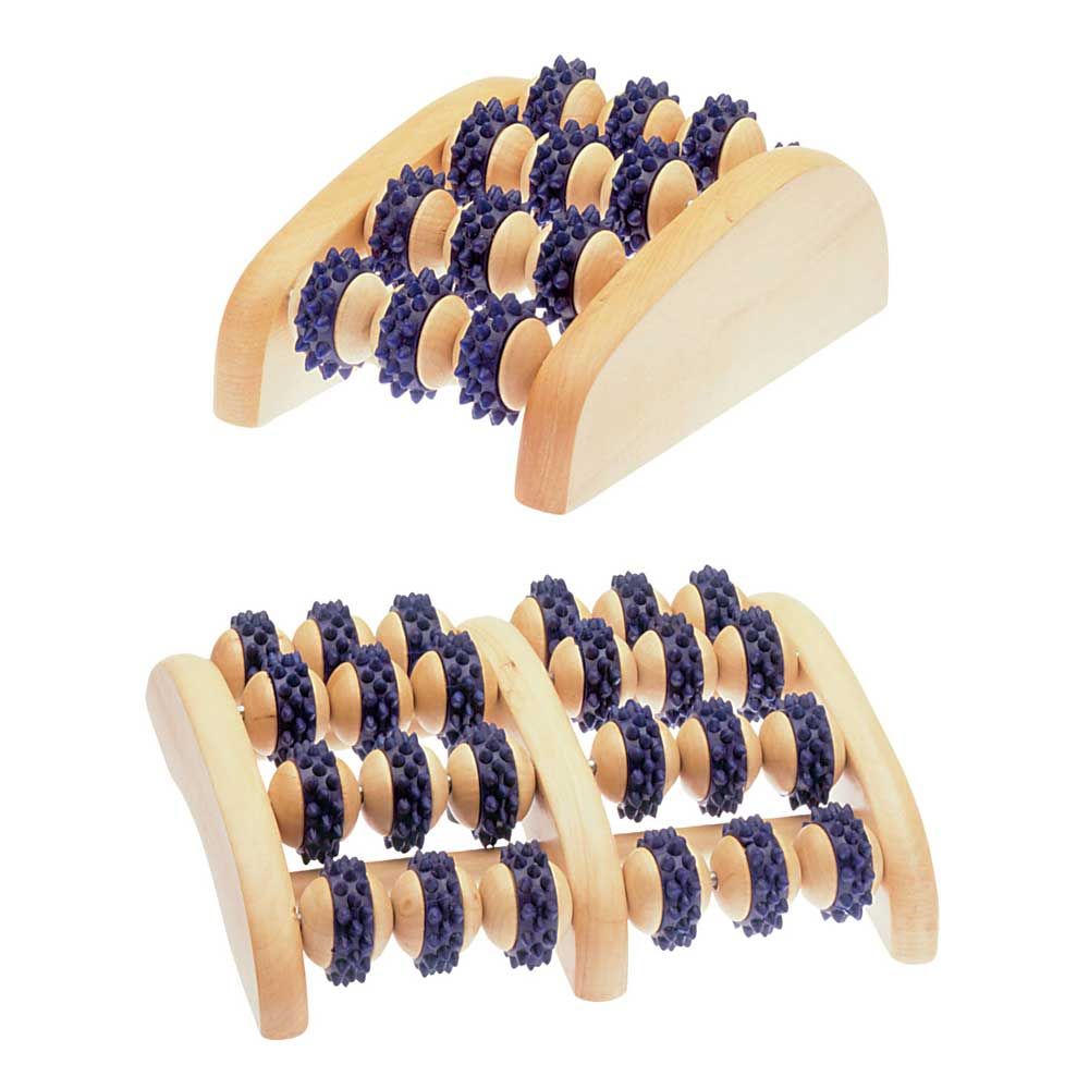 Holz-Fußroller mit blauen Noppenwalzen, gebogener Rahmen für 1–2 Füße