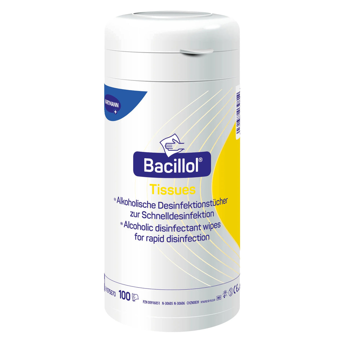 Bacillol Tissues Desinfektionstücher-Spenderzylinder, Frontansicht mit gelben Akzenten
