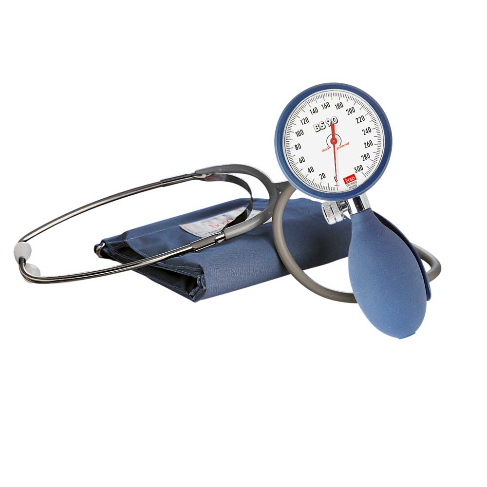 Klassisches Blutdruckmessgerät Boso BS 90 mit Manometer, blauer Manschette und Stethoskop