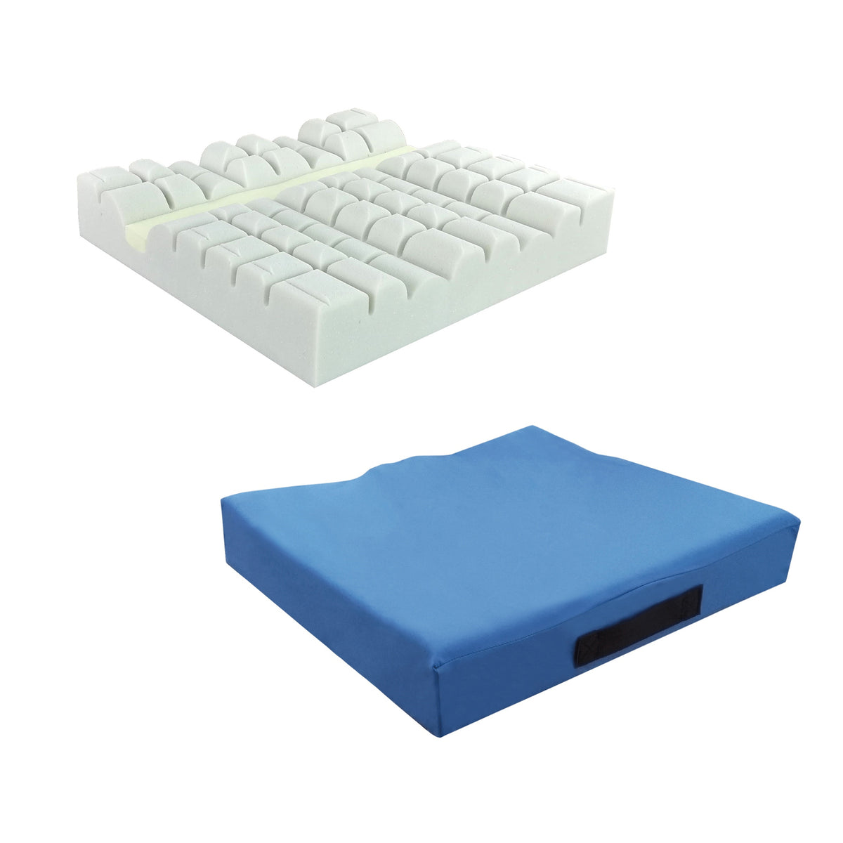 Rollstuhl- und Sitzkissen blau mit Visco-Cube, seitlichem Griffausschnitt