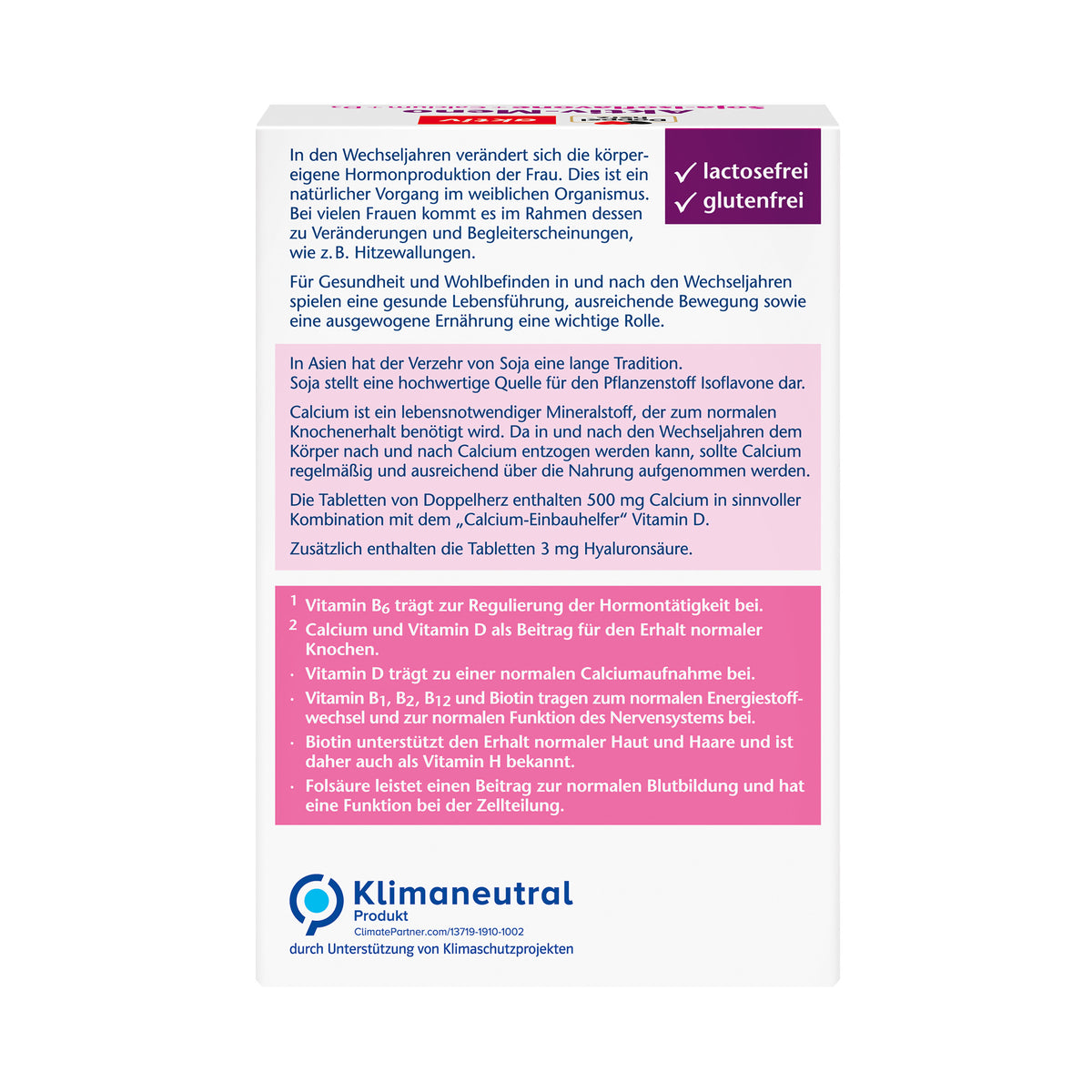 Rückseite der Tabletten-Verpackung mit Beschreibung zu Hormonen und Vitaminen