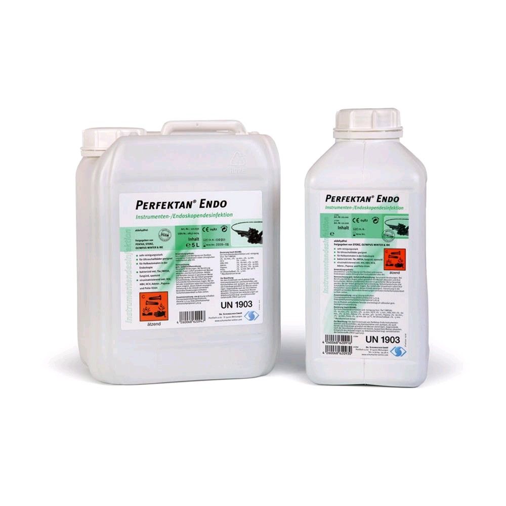 Instrumentendesinfektion Perfektan® Endo: weißer Kanister und Flasche mit Deckel