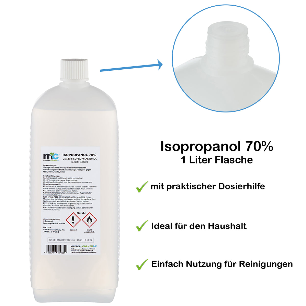 Isopropanol 70% 1-Liter-Flasche mit Dosierhilfe-Anzeige