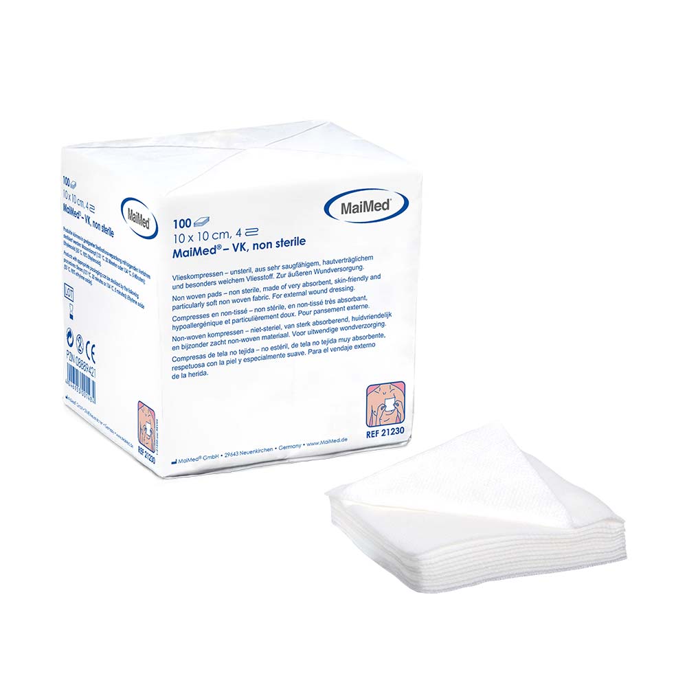 4-fach Vlieskompressen 10×10 cm, unsteril, weiß, aus der Packung
