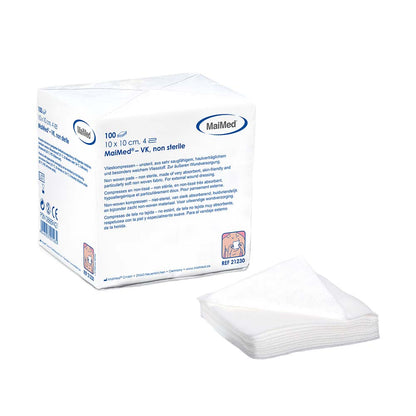 4-fach Vlieskompressen 10×10 cm, unsteril, weiß, aus der Packung