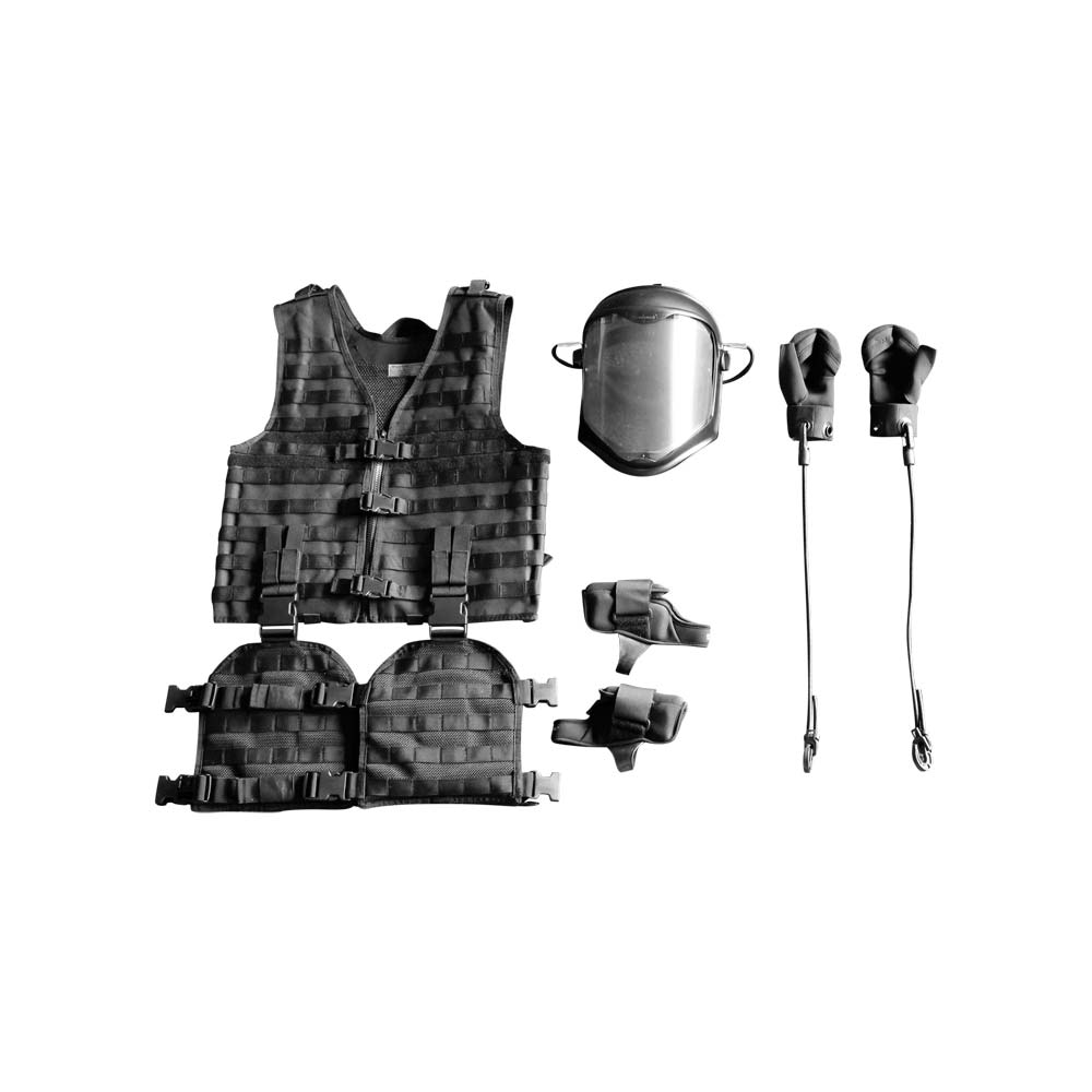 Alters-Simulator-Set: schwarze Weste, Gesichtsvisier, Handschuhe und Zubehörteile (Einzelteile)