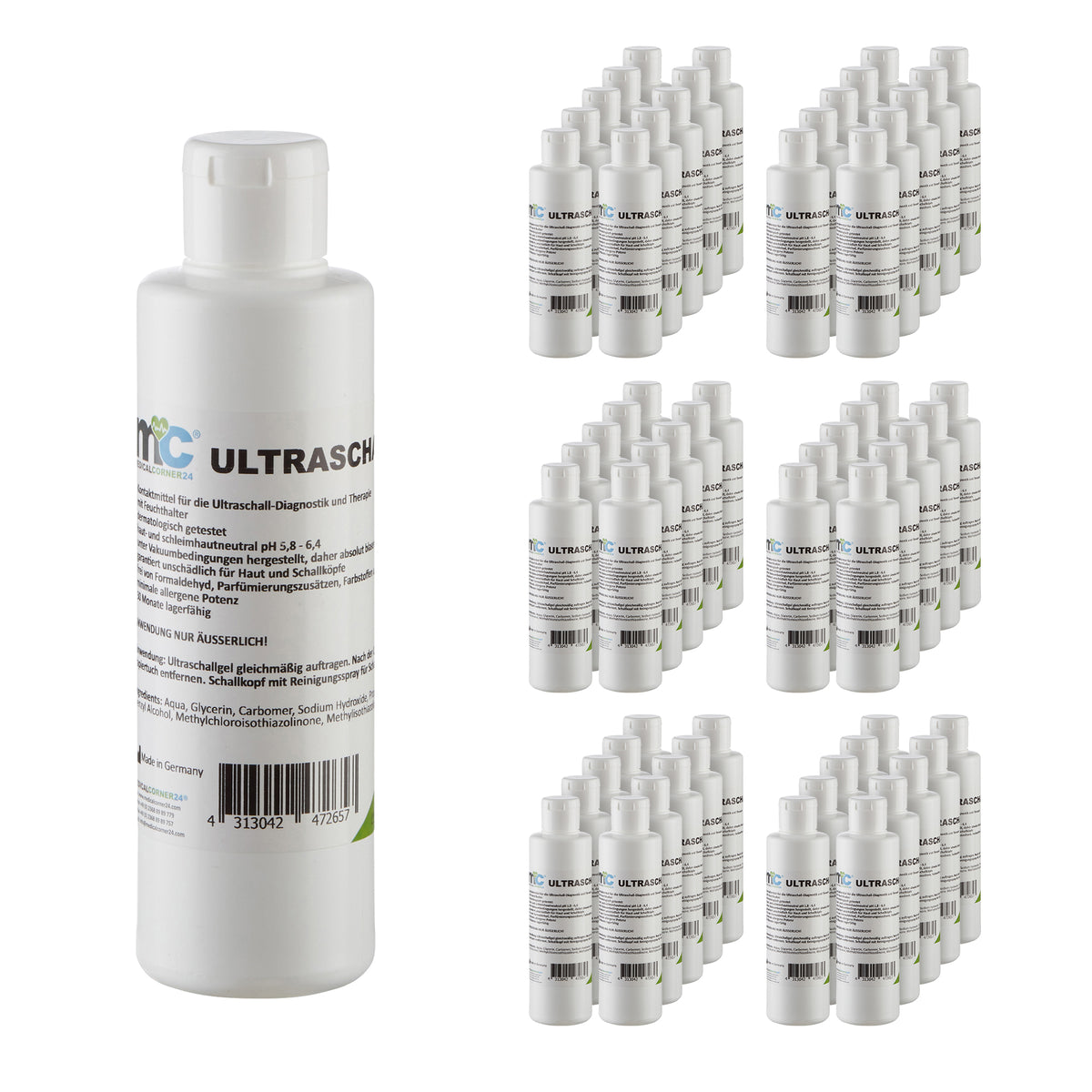 Ultraschallgel-Kontaktgel Flasche links, daneben mehrere kleine Flaschen im Kartonlook