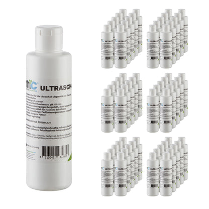 Ultraschallgel-Kontaktgel Flasche links, daneben mehrere kleine Flaschen im Kartonlook