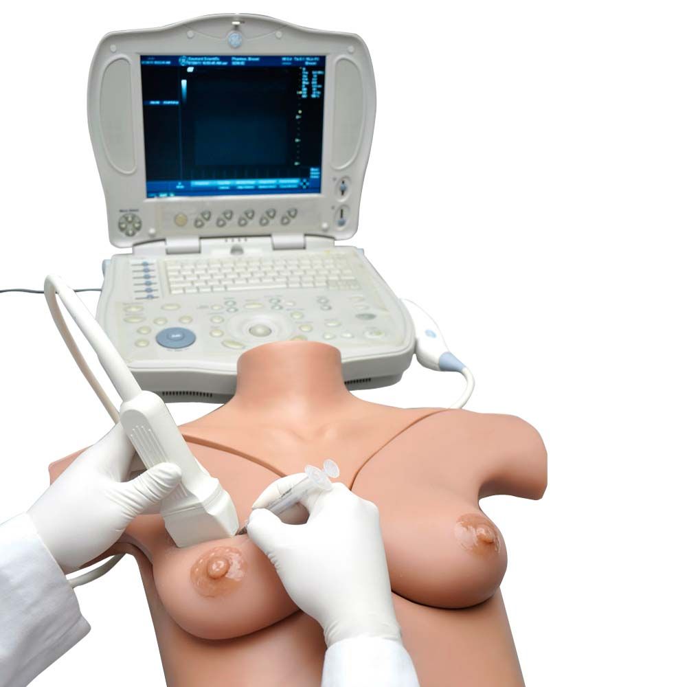 Brustphantomsimulator mit Ultraschallgerät und Brustbereich im Trainings-Setup