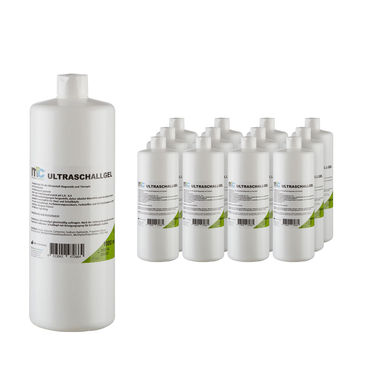 Ultraschallgel-Kontaktgel Packung mit einer großen und vielen kleinen Flaschen