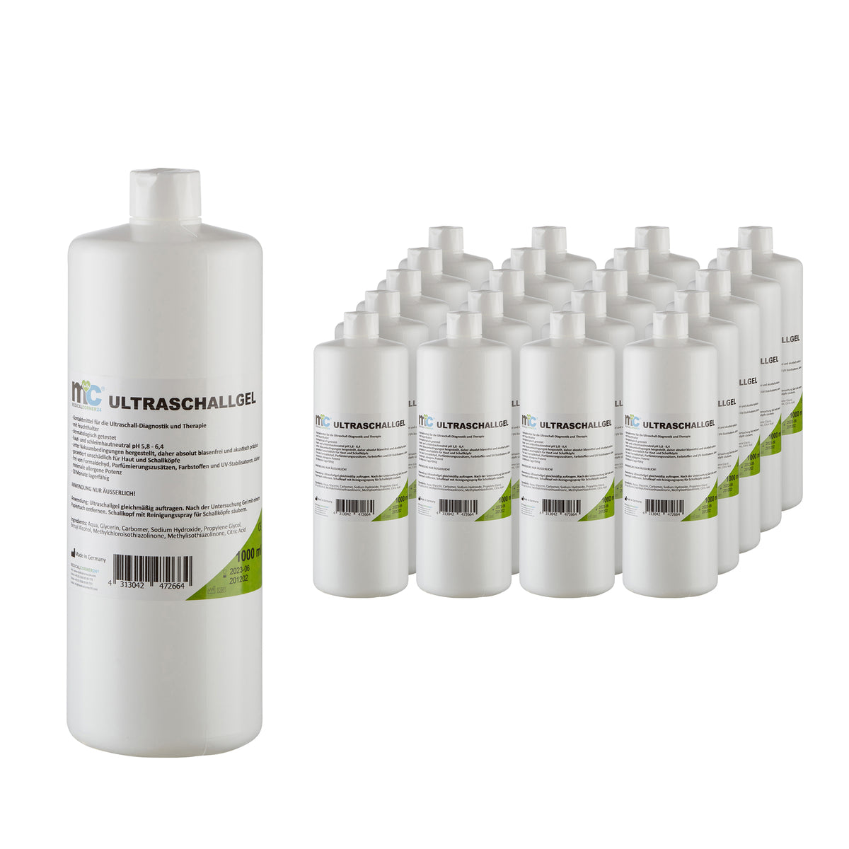 Ultraschallgel-Kontaktgel Set: große Flasche links, mehrere kleine Flaschen rechts