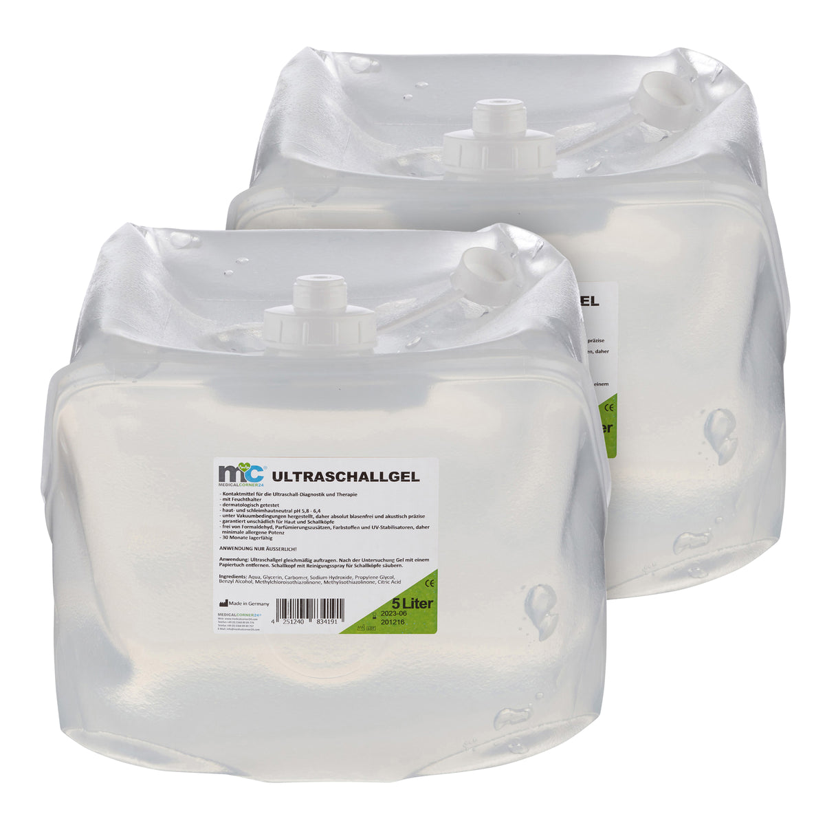 Ultraschallgel-Kontaktgel im 5-Liter- und 10-Liter-Beutel, beide mit Etikett