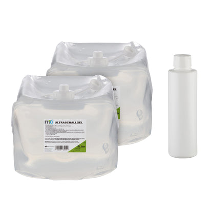 Ultraschallgel-Kontaktgel in zwei Beuteln (5/10 Liter) und weiße Spenderflasche