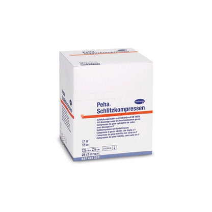 Schlitzkompressen-Verpackung von Hartmann Peha, Karton mit Produktangaben, steril.