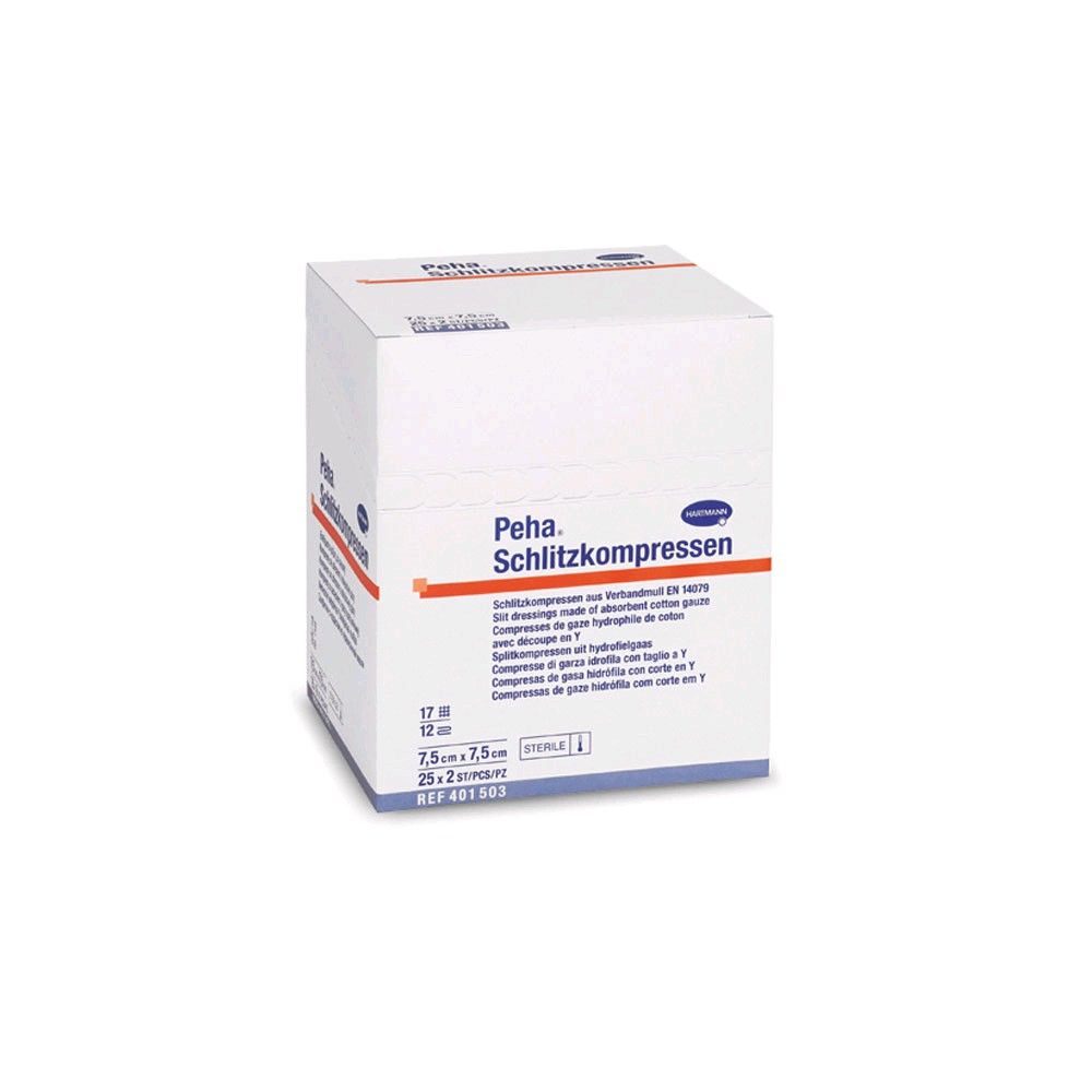 Schlitzkompressen-Verpackung von Hartmann Peha, steril, verschiedene Größen.