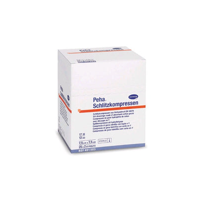 Schlitzkompressen-Verpackung von Hartmann Peha, steril, verschiedene Größen.