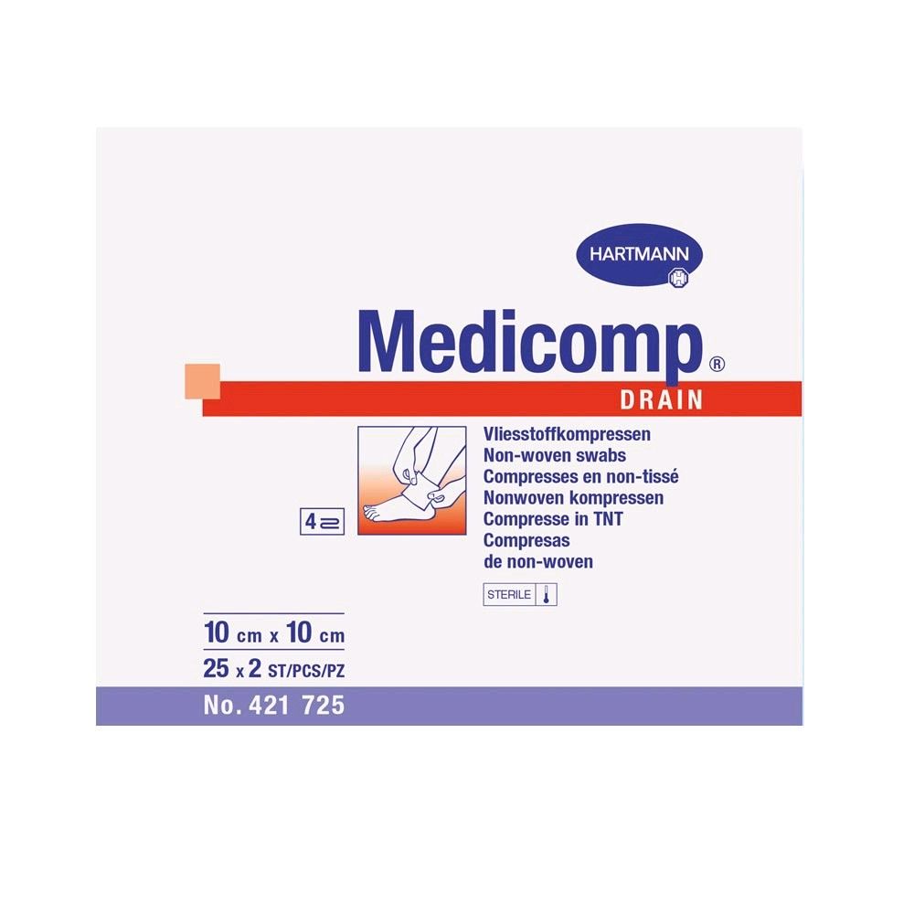 Sterile Schlitzkompressen Medicomp® Drain von Hartmann, Packung mit Größenangabe