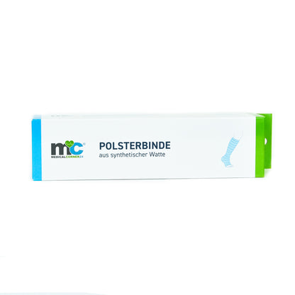 Polsterbinde aus synthetischer Watte in weißer Verpackung mit blauer Grafik und grünem Rand