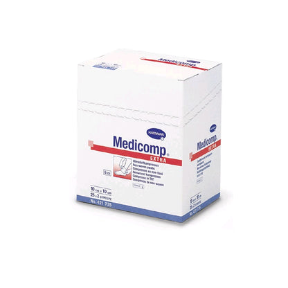 Vliesstoffkompressen Medicomp extra in blau-weißer Kartonbox