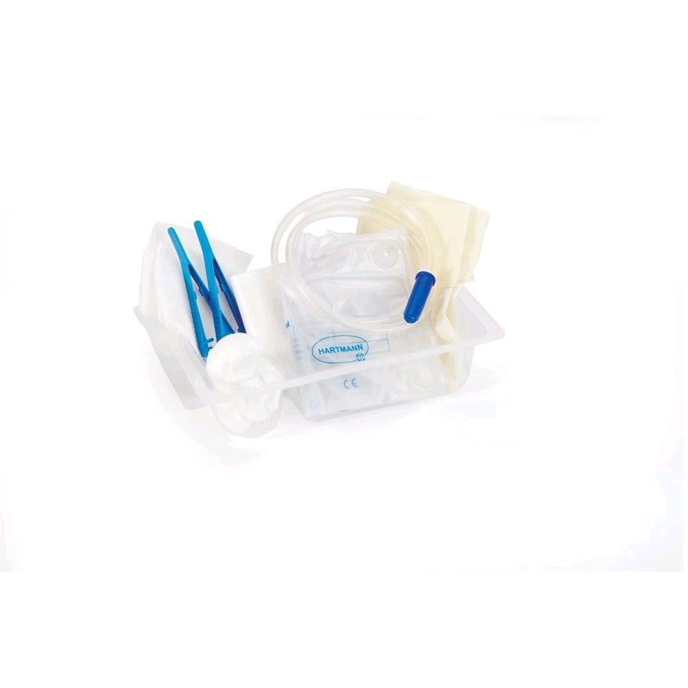 Steriles Katheter-Set in transparenter Sterilverpackung mit blauen Klammern und Schläuchen