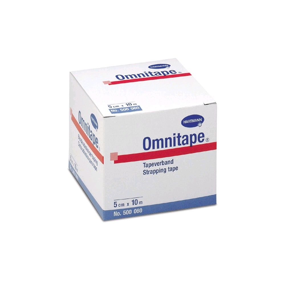 Weiße Tapeverband-Packung, 5 cm x 10 m, Hartmann Omnitape Aufdruck und Markierungen