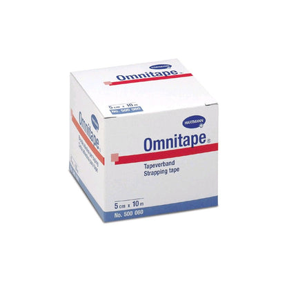 Weiße Tapeverband-Packung, 5 cm x 10 m, Hartmann Omnitape Aufdruck und Markierungen