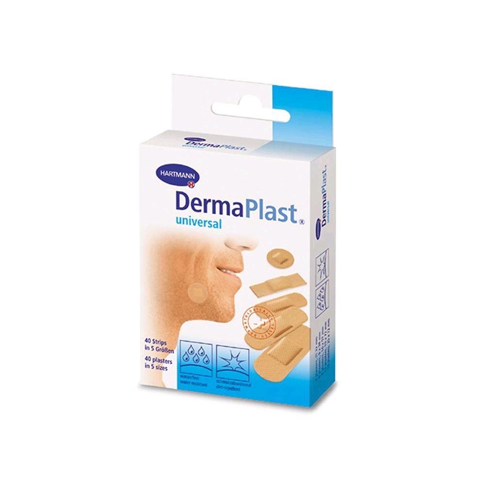 Pflasterbox mit DermaPlast universal Hartmann Pflasterstreifen, beige, 25×72 mm