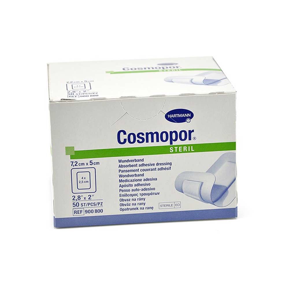 Packung Hartmann Cosmopor steril, Wundverband 2,8×2 Zoll, blau-weiße Grafik