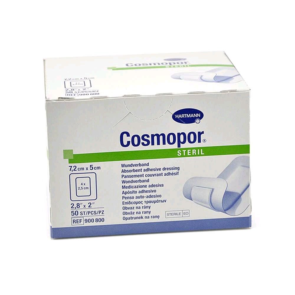 Steriler Wundverband Cosmopor von Hartmann im Karton, blau-weiß verpackt