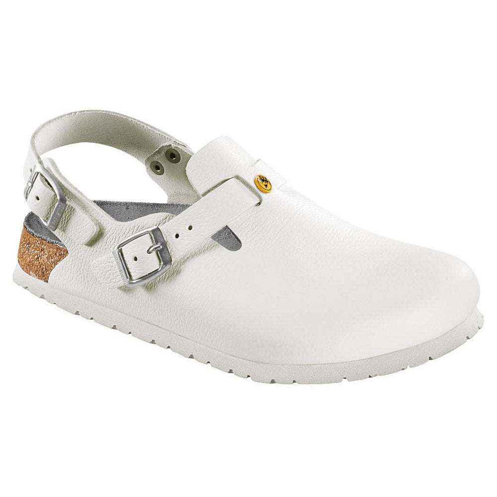 Birkenstock Tokio ESD Clog: weißer Riemenclog mit Schnalle, profilierte Sohle