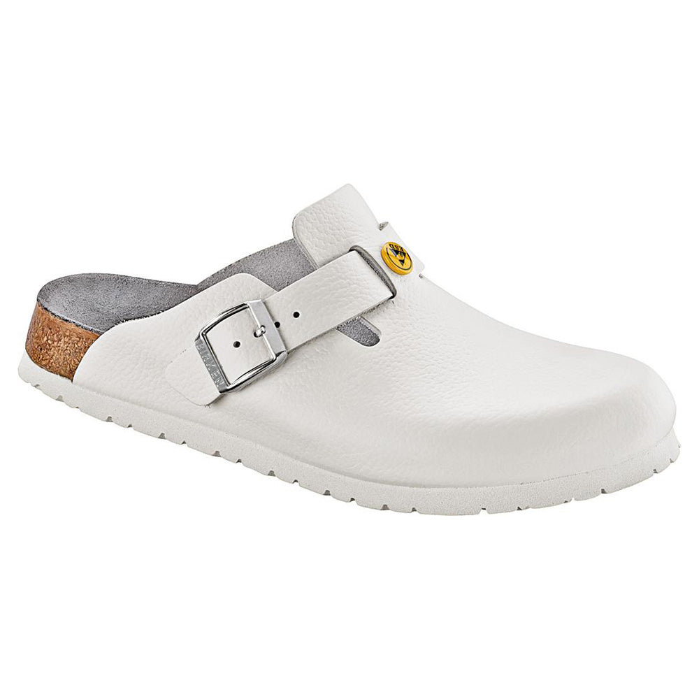 Birkenstock Boston ESD Clog in Weiß mit breitem Schnallenriemen, seitliche Ansicht